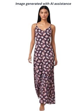 Loft size 8 Mini Zinnia Navy Blue Floral Maxi Dress with side slits